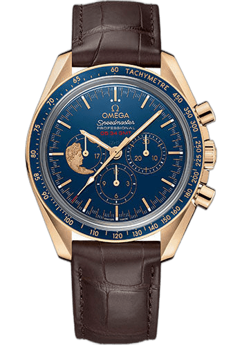 Omega 42mm Speedmaster Moonwatch Apollo XVII Anniversary Limited Series Limited Edition of 272 Watch - 42 mm Yellow Gold Case - Polished Blue Ceramic Bezel - Blue Ceramic Dial - Brown Leather Strap - 311.63.42.30.03.001 — Ref. 311.63.42.30.03.001