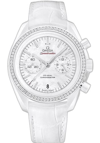 Omega Speedmaster Moonwatch Co-Axial Chronograph White Side of the Moon Watch - 44.25 mm White Ceramic Case - Diamond-Set Ceramic Bezel - Mother-Of-Pearl Dial - White Leather Strap - 311.98.44.51.55.001 44.25mm Diamond Bezel Mother-of-Pearl Dial Ref. 311.98.44.51.55.001