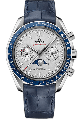 Omega 44.25mm Speedmaster Moonwatch Omega Co-Axial Master Chronometer Moonphase Chronograph - 44.25 mm Platinum Case - Platinum-Gold Diamond Dial - Blue Leather Strap - 304.93.44.52.99.004 — Ref. 304.93.44.52.99.004