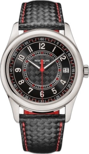 Patek Philippe Calatrava Date White Gold — Black Carbon Motif Dial Red Accents | Ref. 6007G-010