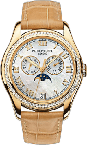Patek Philippe Complications Yellow Gold & Diamonds — White Mother-of-Pearl Roman Annual Calendar | Ref. 4936J-001