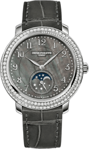 Patek Philippe Complications Ladies White Gold Diamond — Black Mother-of-Pearl Moon Phase Dial | Ref. 4968G-001