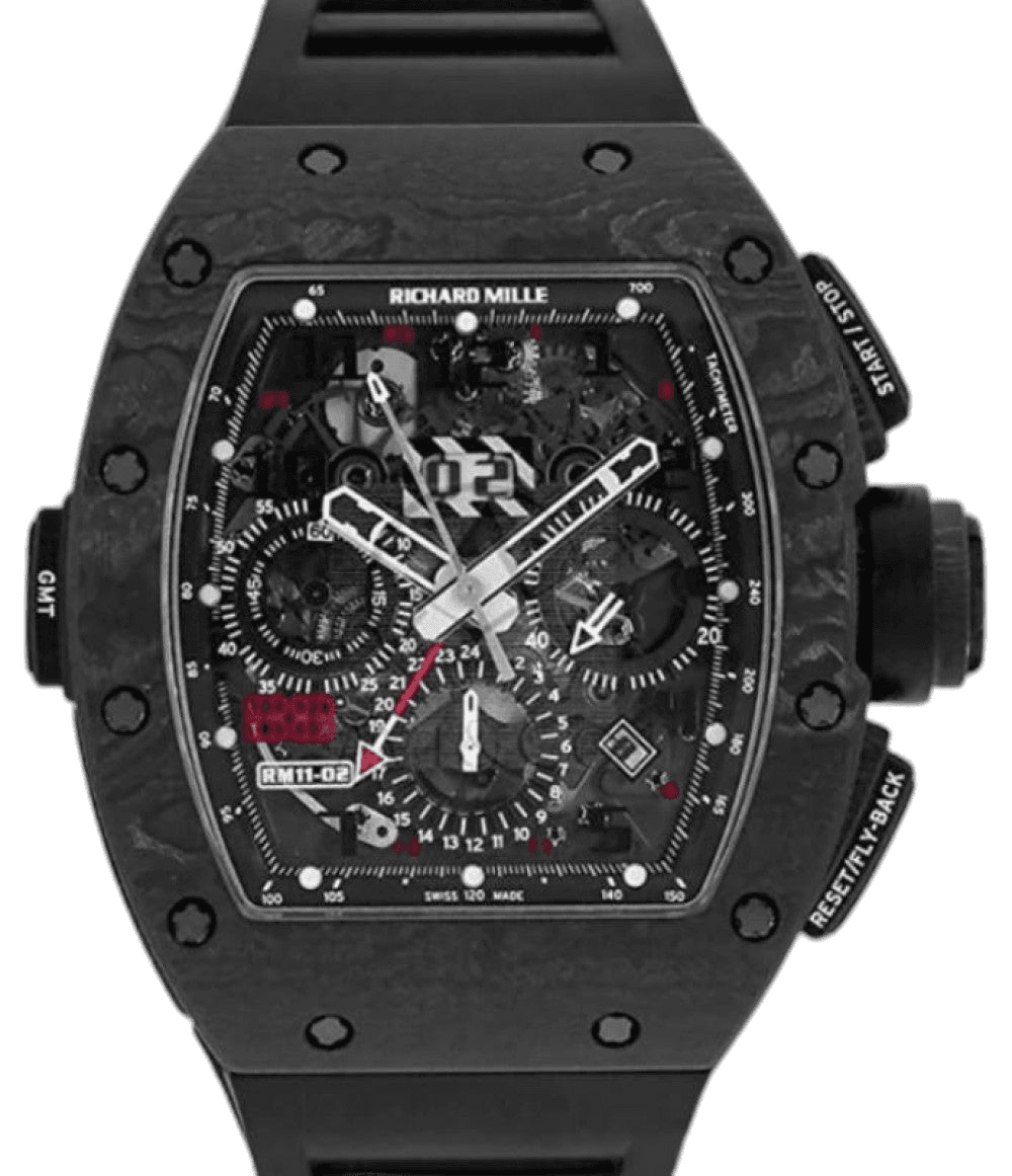 Automatic Flyback Chronograph Dual Time Zone Jet Black Carbon NTPT RM 11-02 Skeleton Dial — Richard Mille Ref. RM 11-02