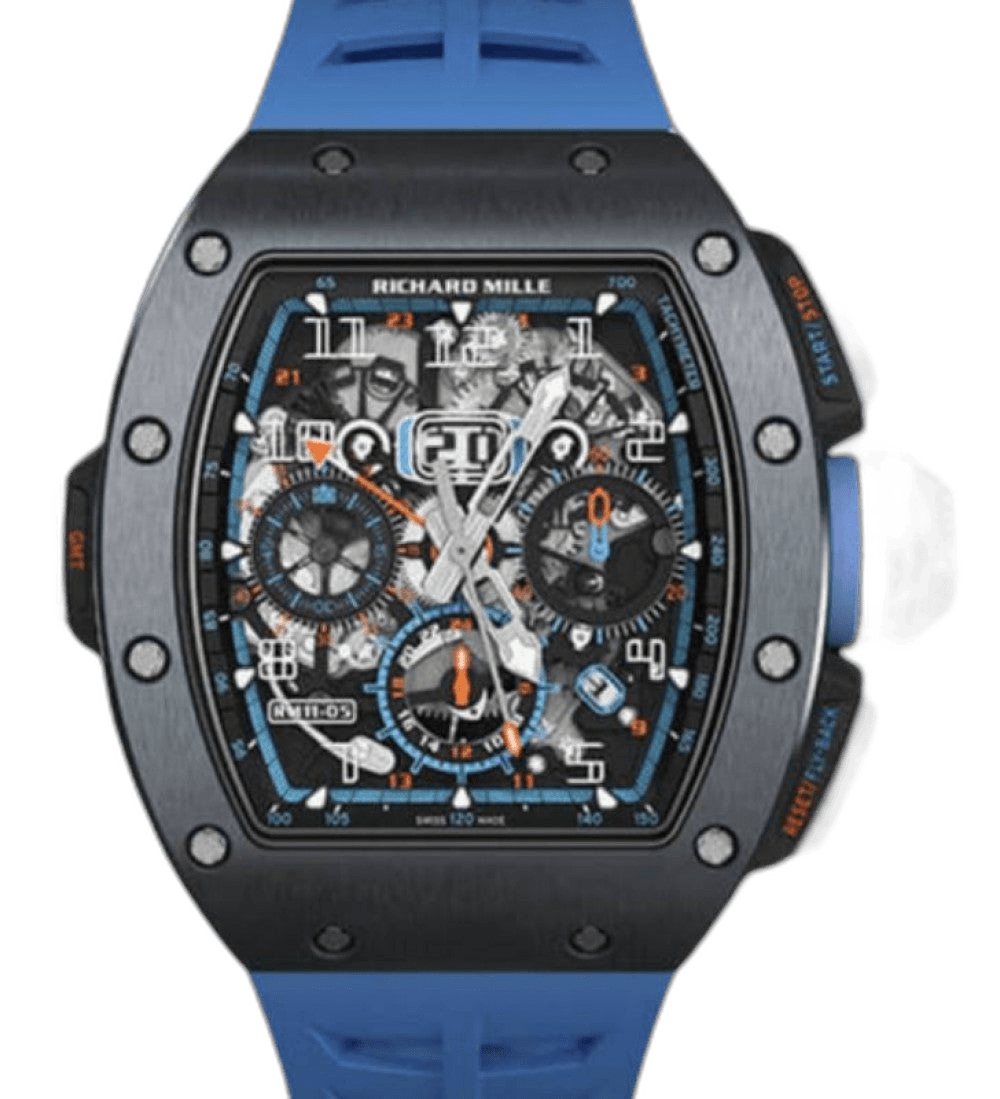 Automatic GMT Automatic Winding Flyback Chronograph GMT Grey Cermet Blue RM 11-05 - BRAND NEW 50mm Front bezel in grey cermet, caseband in Carbon TPT, and caseback in grade 5 titanium. Crown in grade 5 titanium, microblasted with double-seal O ring and collar in Alcryn. Skeleton Dial — Richard Mille Ref. RM 11-05