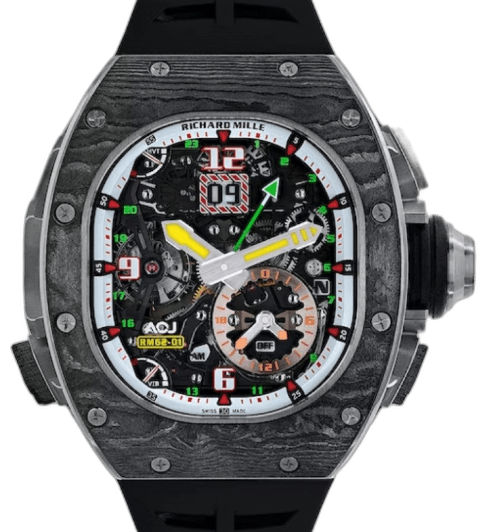 Manual Winding Tourbillon vibrating alarm ACJ Manual Winding Tourbillon "Vibrating Alarm" ACJ Titanium/Carbon RM 62-01 - BRAND NEW 42mm Skeleton Dial — Richard Mille Ref. RM 62-01