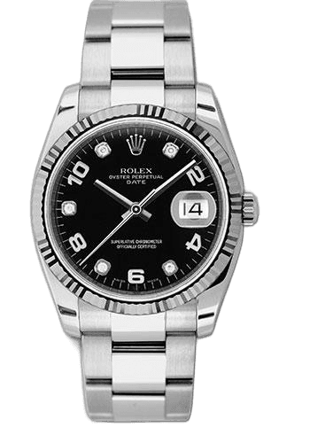 Rolex Date 34 — Fluted Bezel Black Five Diamond Dial | Ref. 115234