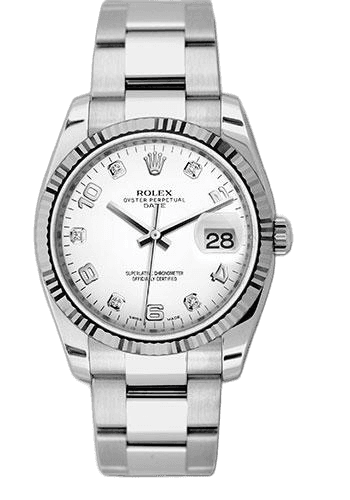 Rolex Date 34 Oystersteel — White Five-Diamond Dial, Fluted Bezel | Ref. 115234