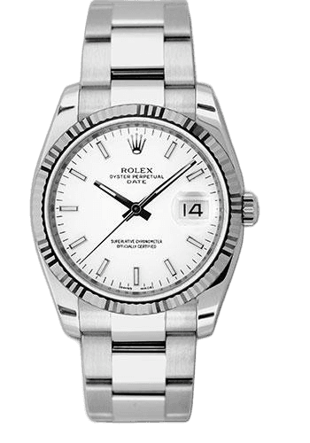 Rolex Date 34 Oystersteel — White Index Dial Fluted Bezel | Ref. 115234