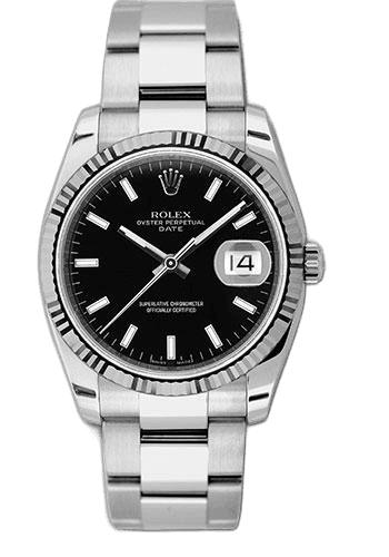 Rolex Date 34 — Fluted Bezel Black Index | Ref. 115234