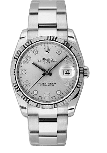 Rolex Date 34 — Silver Five-Diamond Dial with Fluted Bezel | Ref. 115234