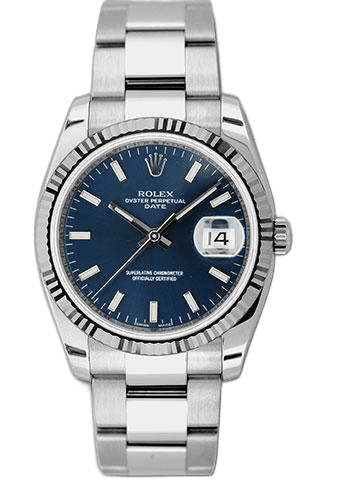 Rolex Date 34 Rolesor — Blue Index Dial, Fluted White Gold Bezel | Ref. 115234