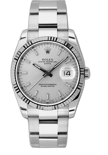 Rolex Date 34 Steel and White Gold — Silver Index Dial with Fluted Bezel | Ref. 115234