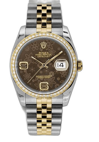 Rolex Datejust 36 Yellow Rolesor — Brown Floral Arabic Dial Diamond Bezel | Ref. 116243