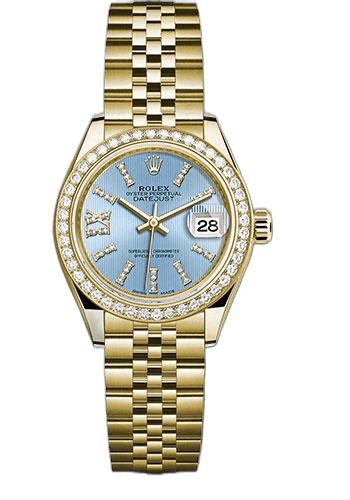 Rolex Lady-Datejust 28 Yellow Gold — Cornflower Blue Stripe Diamond Index Dial, 44-Diamond Bezel | Ref. Lady-Datejust 28
