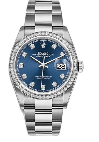 Datejust Steel Datejust 36 Watch - Diamond Bezel - Blue Diamond Dial - Oyster Bracelet - 2019 Release - 126284RBR bldo · Rolex 36mm Diamond Bezel Blue Diamond Dial — 126284RBR