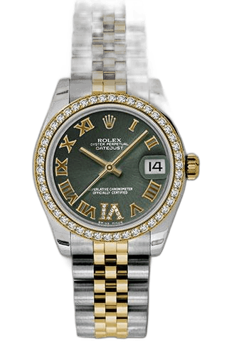 Rolex Datejust 31 Yellow Rolesor — Olive Green Diamond Roman VI Dial, 46-Diamond Bezel | Ref. 178383