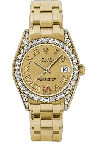 Rolex Datejust 34 Yellow Gold — Diamond Bezel Champagne Ruby Roman VI Dial | Ref. 81158