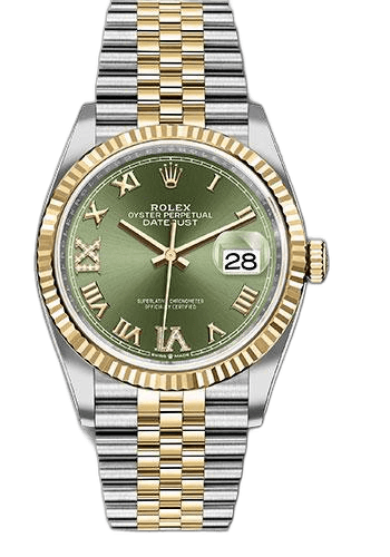 Rolex Datejust 36 Yellow Rolesor — Fluted Bezel Olive Green Roman Dial
