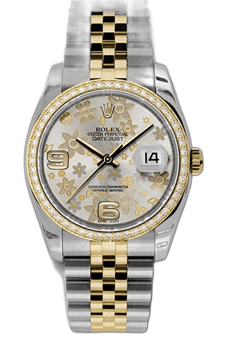 Rolex Datejust 36 Yellow Rolesor — Diamond Bezel Silver Floral Arabic Dial | Ref. 116243
