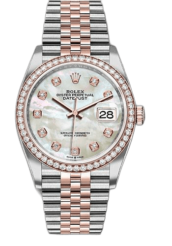 Rolex Datejust 36 Everose Rolesor — Diamond Bezel White Mother-of-Pearl Dial with Diamond Hour Markers | Ref. 126281RBR