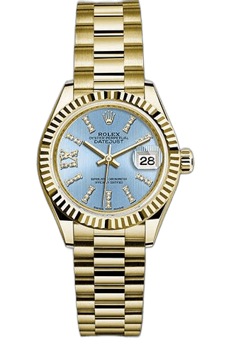 Rolex Datejust 28 Yellow Gold — Cornflower Blue Stripe Diamond Dial, Fluted Bezel