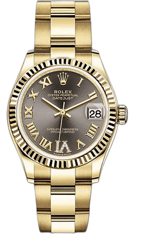 Rolex Datejust 31 Yellow Gold — Dark Grey Diamond-Six Dial, Fluted Bezel | Ref. 278278