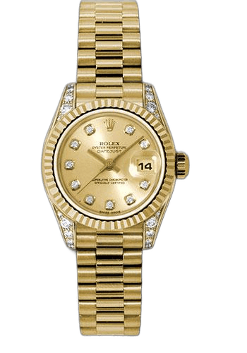 Rolex Datejust 26 Yellow Gold — Champagne Diamond Dial, Fluted Bezel | Ref. 179238