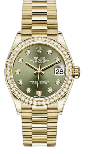 Rolex Datejust 31 Yellow Gold — Olive Green Diamond Dial, Diamond Bezel | Ref. 278288RBR