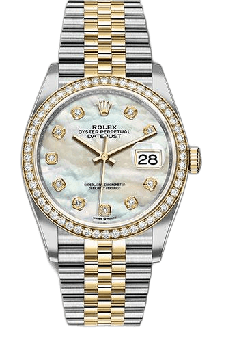 Rolex Datejust 36 Yellow Rolesor — White Mother-of-Pearl Diamond Dial with Diamond Bezel | Ref. 126283RBR