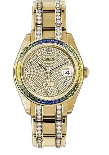 Rolex Datejust Yellow Gold Datejust Pearlmaster 39 Watch - 48 Blue To Green Gradient Baguette-Cut Sapphires Bezel - 18K Yellow Gold Diamond Paved Dial - 86348SABLV dpdb 39mm Cut Sapphires Bezel 18K Yellow Gold Diamond Paved Dial Timepiece [86348SABLV