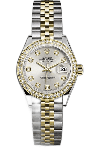 Rolex Lady-Datejust 28 Yellow Rolesor — Silver Diamond Dial with Diamond Bezel | Ref. 279383RBR
