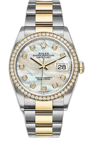 Rolex Datejust 36 Yellow Rolesor — White Mother-of-Pearl Diamond Dial, Diamond Bezel | Ref. 126283RBR