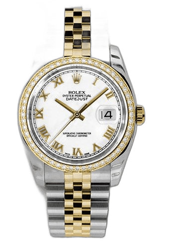 Rolex Datejust Yellow Rolesor — White Roman Diamond Bezel Dial | Ref. 116243