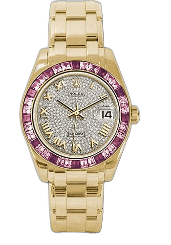 Rolex Datejust Pearlmaster 34 Yellow Gold — Diamond Pavé Roman Dial, Pink Sapphire Baguette Bezel | Ref. 81348SARO