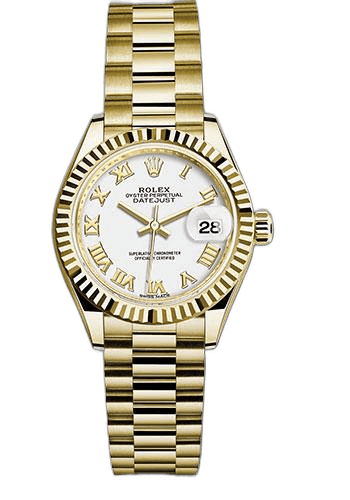 Rolex Datejust 28 Yellow Gold — White Roman Dial & Fluted Bezel | Ref. 279178