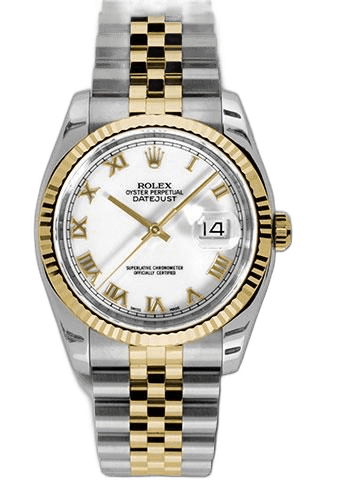 Rolex Datejust 36 Yellow Rolesor — White Roman Dial, Fluted Bezel | Ref. 116233