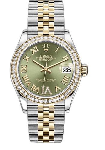 Rolex Datejust 31 Yellow Rolesor — Diamond Bezel Olive Green Diamond Roman Six Dial