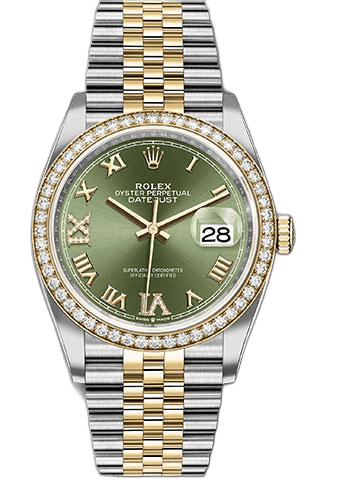 Rolex Datejust 36 Yellow Rolesor — Olive Green Roman Dial, Yellow Diamond Bezel