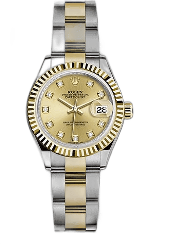 Rolex Datejust 28 Yellow Rolesor — Champagne Diamond Dial, Fluted Bezel | Ref. 279173