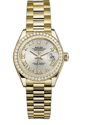 Rolex Lady-Datejust 28 Yellow Gold Diamond Bezel — Silver Roman Dial | Ref. 279138RBR
