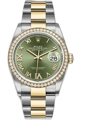 Rolex Datejust 36 Yellow Rolesor — Olive Green Roman Dial with Diamond Bezel