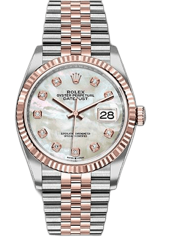 Rolex Datejust 36 Everose Rolesor — White Mother-of-Pearl Diamond Dial, Fluted Bezel | Ref. 126231