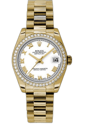 Rolex Datejust 31 Yellow Gold — White Roman Dial, 48-Diamond Bezel | Ref. 178288