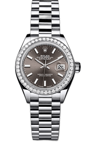 Rolex Lady-Datejust 28 Platinum — Dark Grey Diamond Index Dial with 44-Diamond Bezel | Ref. 279136RBR