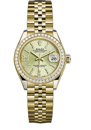 Rolex Datejust Yellow Gold — Linden Green Diamond Strip Index Dial, 44-Diamond Bezel | Lady-Datejust 28