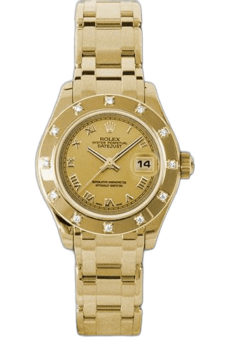 Rolex Pearlmaster 29 Yellow Gold — 12-Diamond Bezel Champagne Roman Dial | Ref. 80318