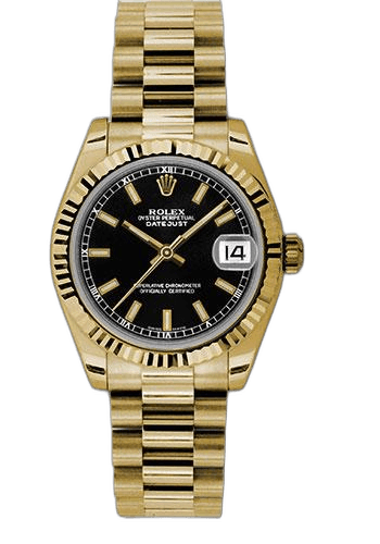 Rolex Datejust 31 Yellow Gold — Black Index Dial, Fluted Bezel | Ref. 178278