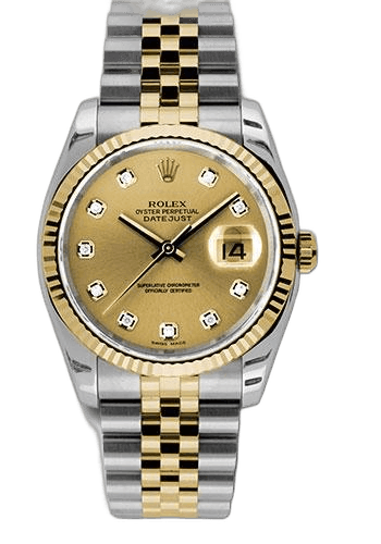 Rolex Datejust Yellow Rolesor — Champagne Diamond Dial, Fluted Bezel | Ref. 116233
