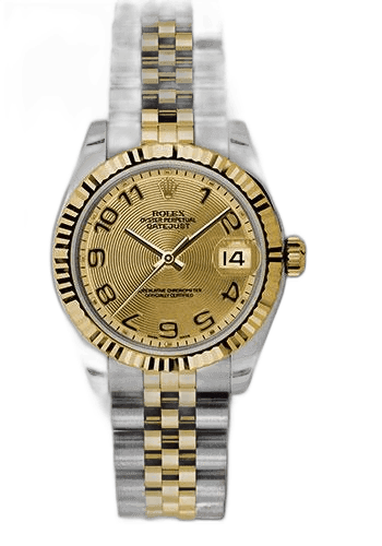 Rolex Datejust 31 Yellow Rolesor — Fluted Bezel Champagne Concentric Circle Arabic Dial | Ref. 178273