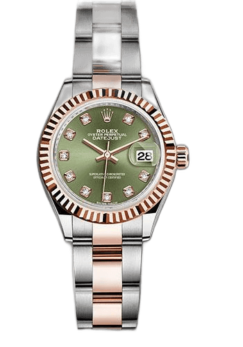 Rolex Lady-Datejust 28 Everose Rolesor — Fluted Bezel Olive Green Diamond Dial | Ref. 279171